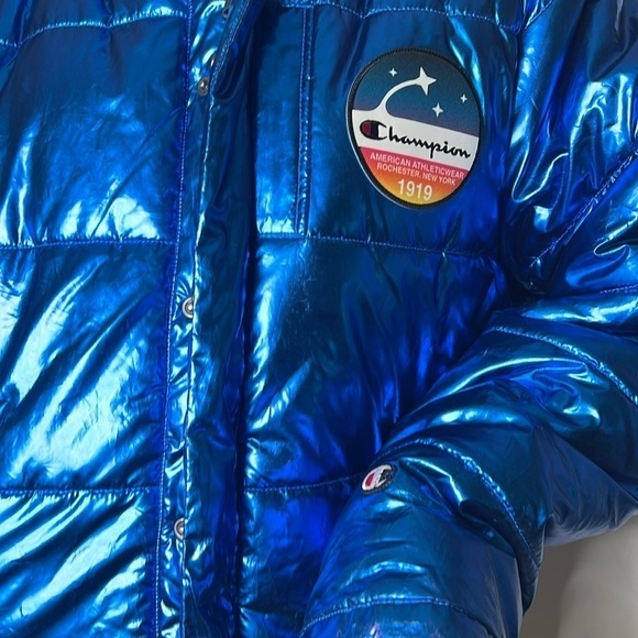 Champion Sz L NASA USA Metallic Blue Hooded Puffer Jacket Limited Edition - Picture 3 of 15